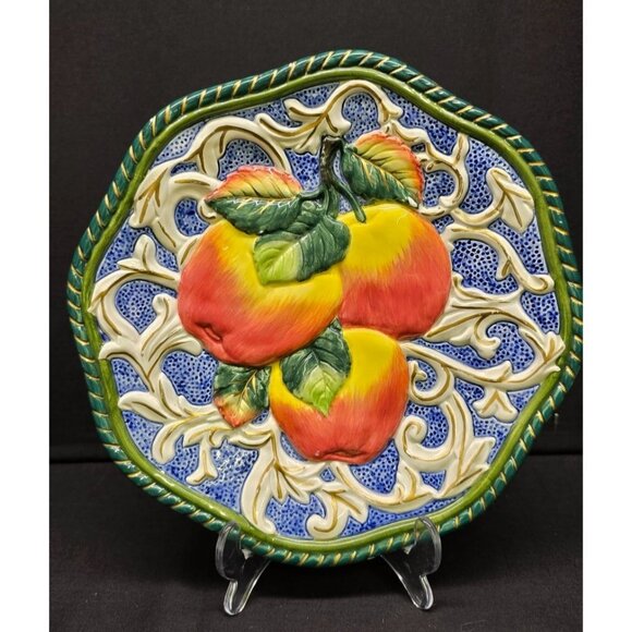 Vintage Fitz & Floyd Florentine Apple Fruit Blue Canape Hand Painted Plate - Picture 1 of 7